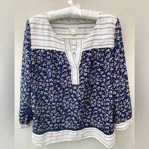 CASLON | Mixed Boho Floral & Striped Prairie Peasant Oversized Boxy Top | Small